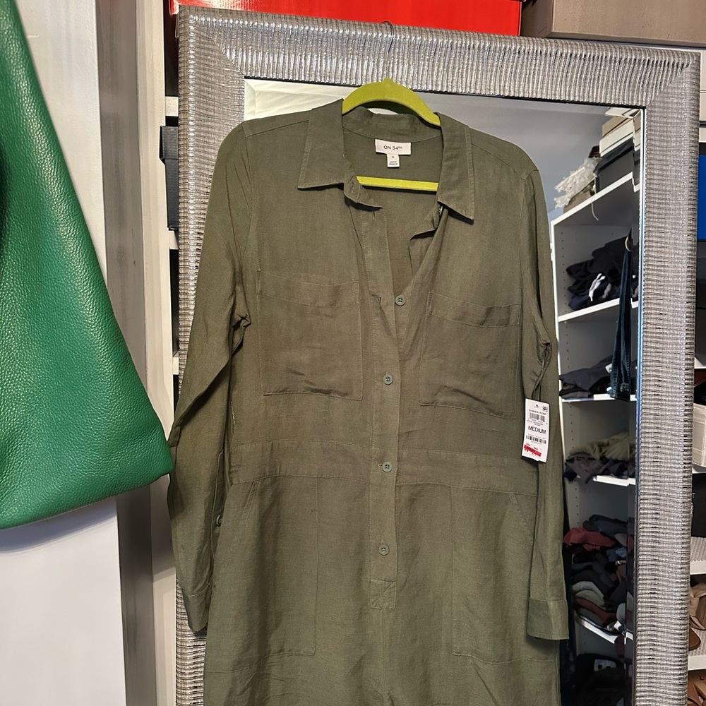 Olive Green Button-Up Shirt shorts /Romper NWT